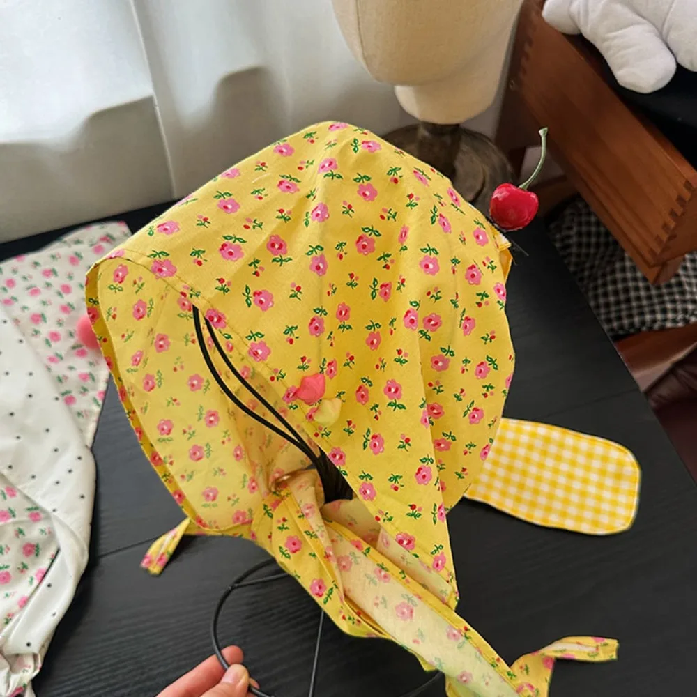 

Turban Y2K Korean Lop Ear Rabbit Hat Bowknot Sweet Floral Hair Scarf Cherry Peach Pullover Cap Girls