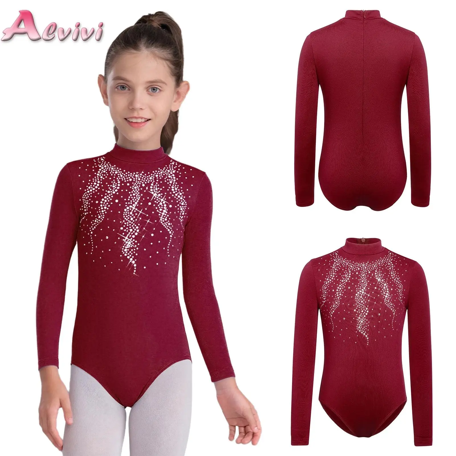 

Kid Girls Thin Fleece Lined Dance Leotard Long Sleeve Shiny Rhinestone Bodysuit for Gymnastics Ballet Figure Skating Performance