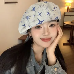 New Cute Star Denim Octagonal Hats for Women Show Face Small Spring and Summer Versatile Japanese Retro Casual Berets Caps