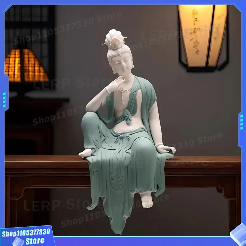 Dehua White Porcelain Guanyin Statue Zen Buddhist Decor Water Moon Bodhisattva Figure for Living Room Entrance Home Ornament