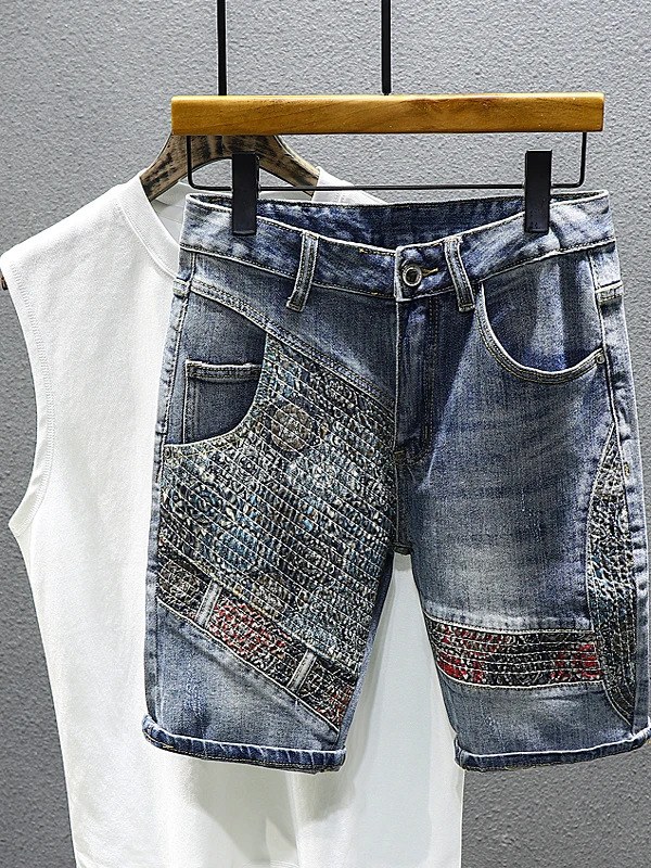 

High-End Patchwork Jeans orts Men's Trendy Slim Straight Stitched Korean Faion Casual Five-Quarter Pants Mid-Waist