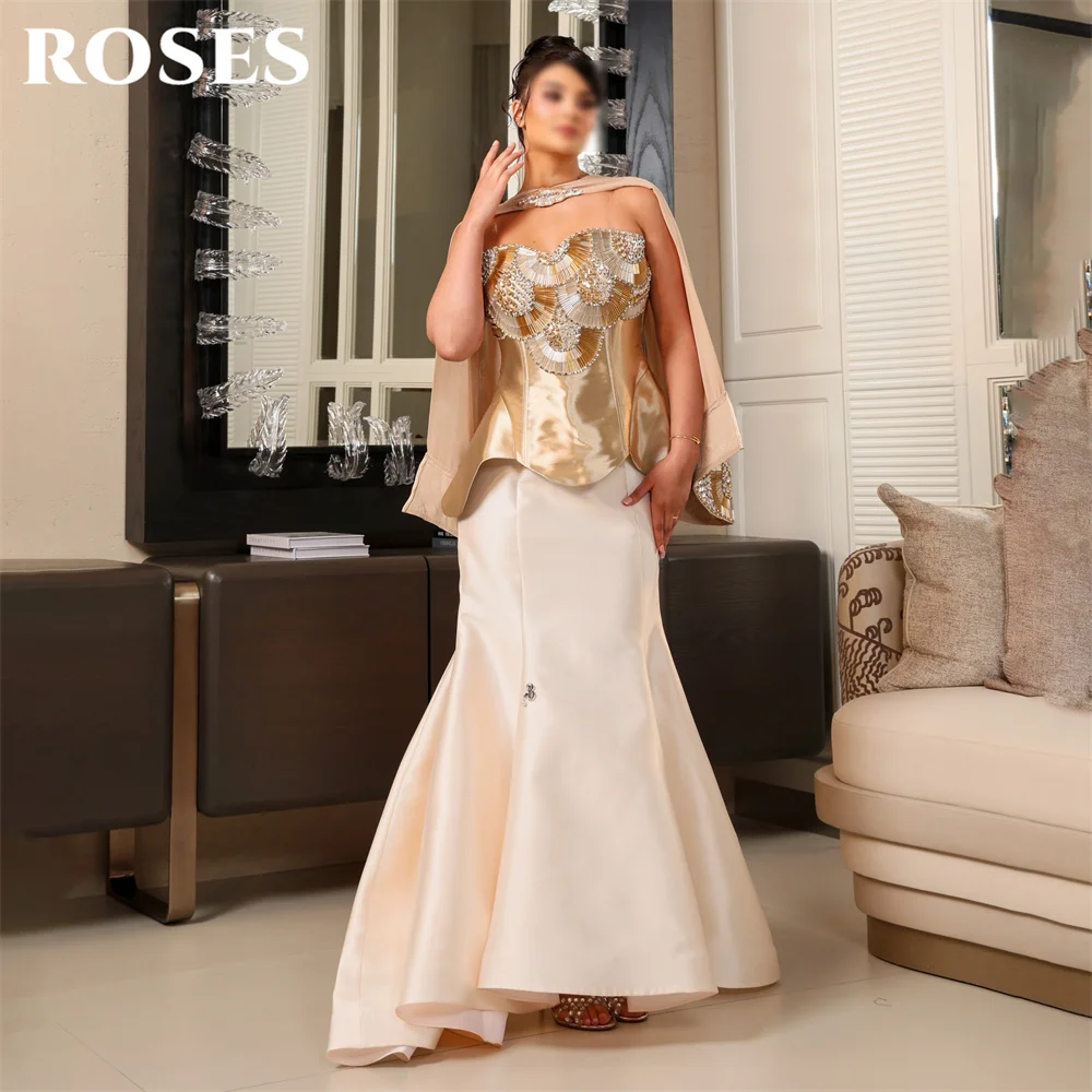 ROSES Golden and Beige Prom Dresses Strapless Draped Neck Scarf Celebrity Dress with Crystal Mermaid Evening Dress Customized
