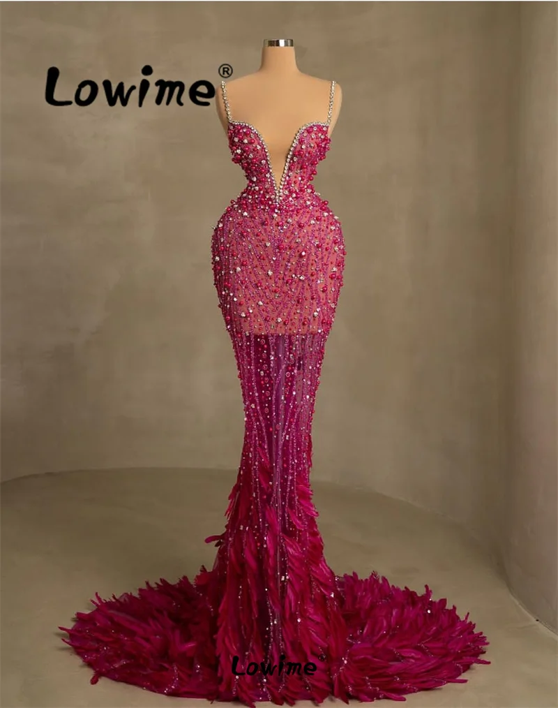 

﻿ Luxury Mermaid Feathers Long Prom Dress Celebrity Dresses Women Evening Gowns 2024 Customize Crystals Beaded Engagement Gowns