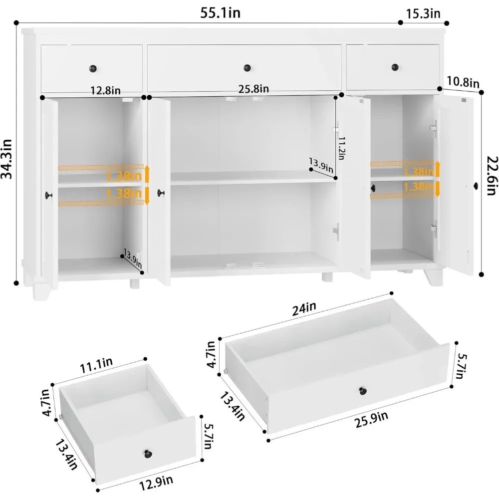 Armário de vinho55Grande armário de buffet de cozinha com gavetas de armazenamentoAparador moderno Mesa de buffet Armário de armazenamento com portas e prateleiras