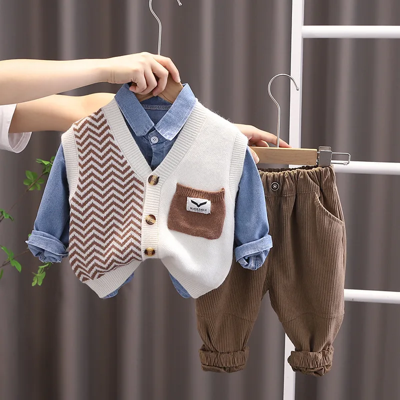 Children\'s Spring Autumn Cartoon Suit Boys Fashion Shirt Knitted Vest Trousers 3-piece Set Baby Casual Corduroy Suit 9 M-5 Years