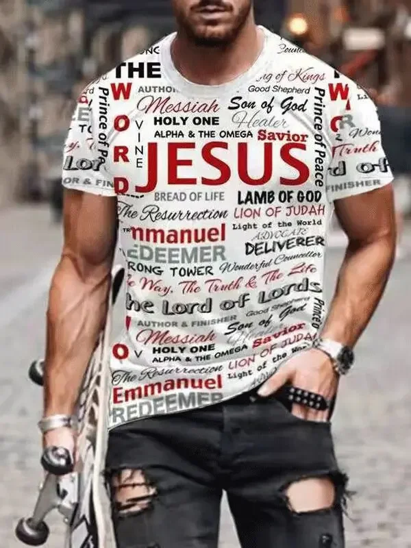 

Summer Fashion Letter JESUS Printing 3D Graphic Men's T-shirts Fashion Street Round Neck Short Sleeved Casual Tops Tees Clothing