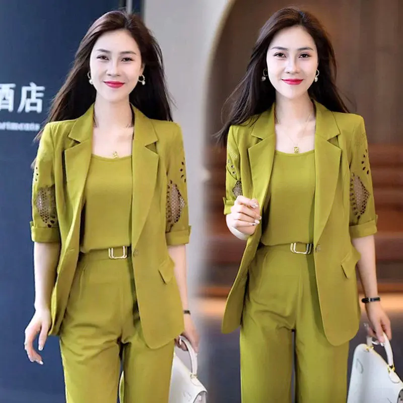 2023 Autumn New Vintage Hollow Short Sleeve Jacket with Tank Top Casual Pants Three Piece Elegant Women\'s Pants Suit Office Set