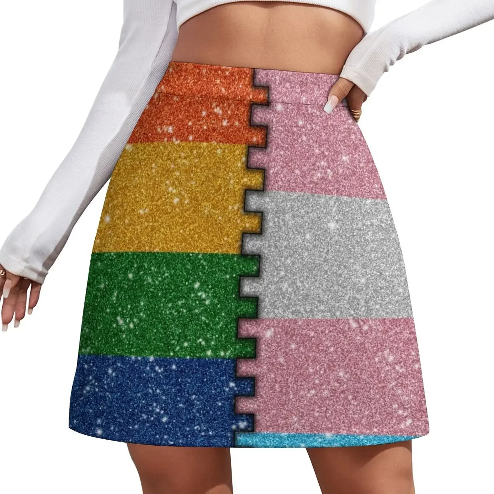

Faux Glitter LGBTQ Rainbow and Transgender Pride Merge Flag Background Mini Skirt korean style micro mini skirt extreme