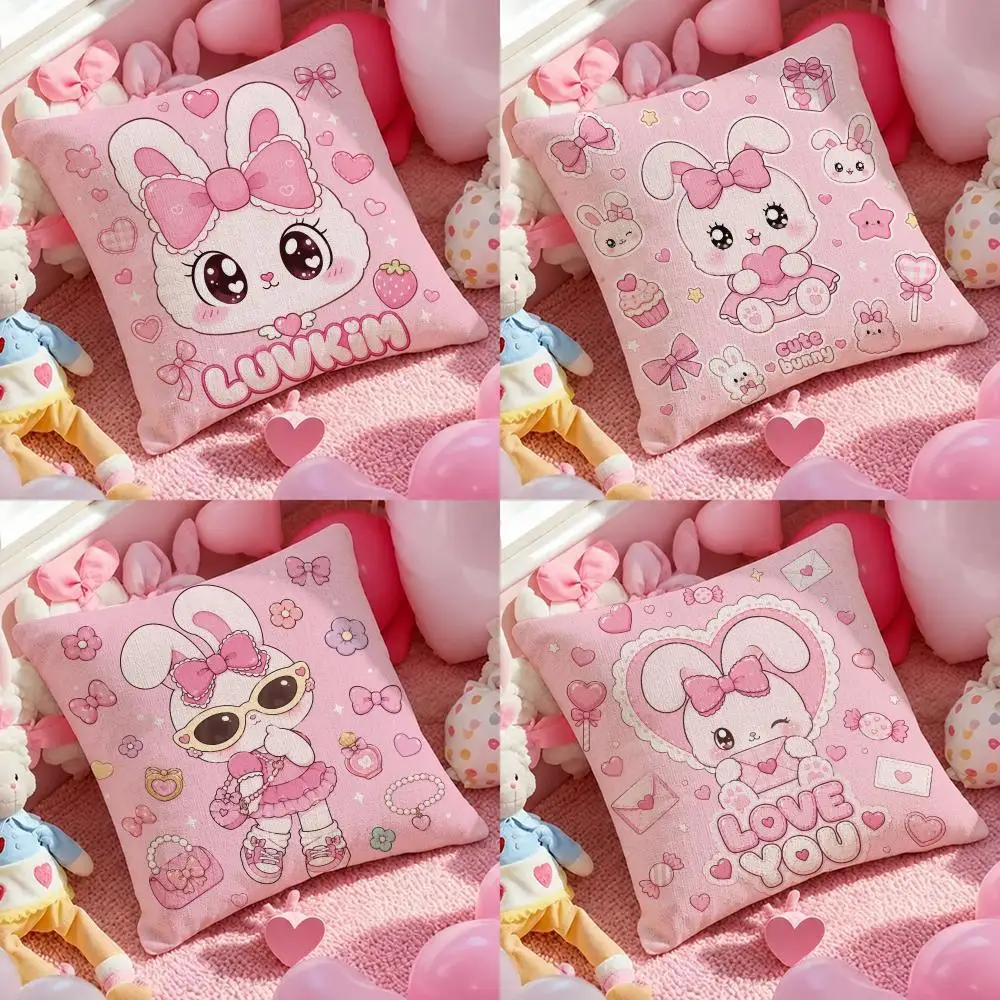 Art Cartoon Cute Easter Bunny Cushion Cover Pink Linen Texture Cushion Cover Double Sided Invisible Zipper Deco