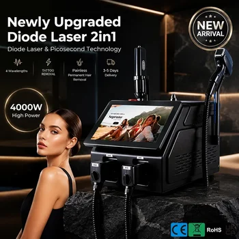 Maszyna 2w1 5000W Titanium Ice Platinum 808nm Diode Laser ND YAG do bezbolesnej depilacji, depilator z wyświetlaczem LCD i uchwytami.