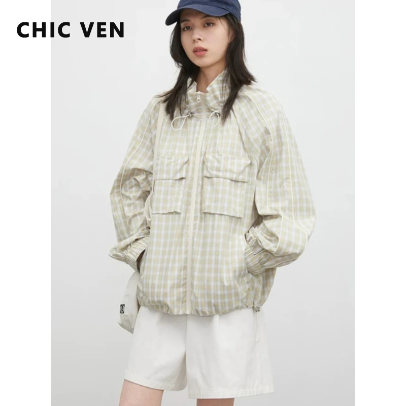 

CHIC VEN Korean Women Jackets Loose Casual Thin Cotton Plaid Drawstring Sun Protection Female Short Coat Spring Summer 2026