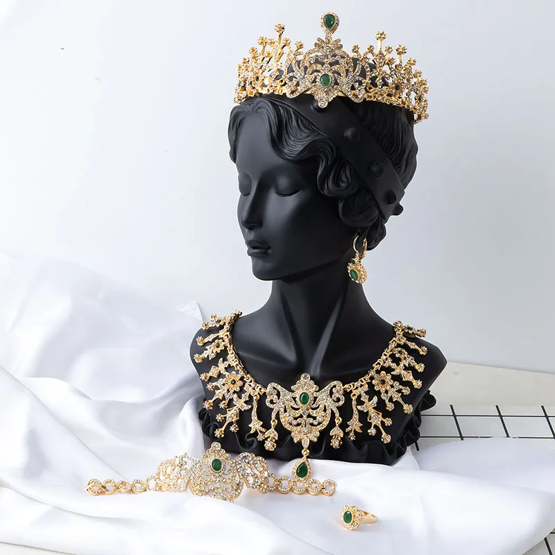 

Gold Color Luxury Bridal Jewelry Set - Court Style Wedding Dress Accessories with Necklace Earrings Bracelet Ring & Crown Bijou