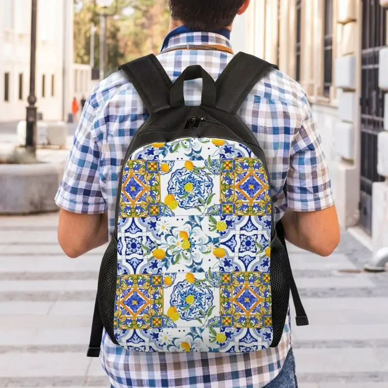 Mochila de viaje con diseño de limones de frutas para hombre y mujer, morral de viaje con diseño de azulejos del Mediterráneo, ideal para estudiantes universitarios