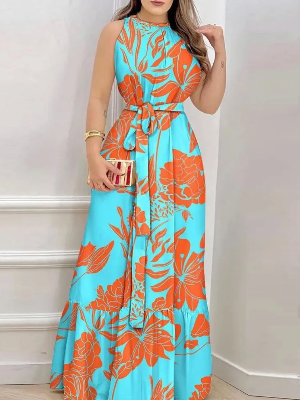 À lacets mi-longue ronde Ne Dr femmes Street Sle Midi Dr avec ceinture détail saison d'été dames Faion pièce unique