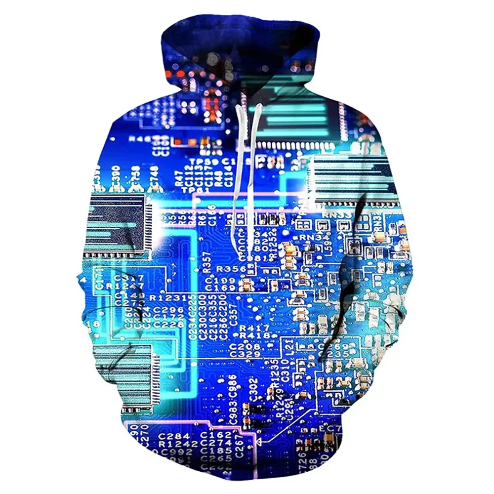 Funny Electronic Chip Hoodie 3D Circuit Board CPU Graphic Hoodies for Men Tracksuit Casual Hooded Pullover Oversized Sweatshirts