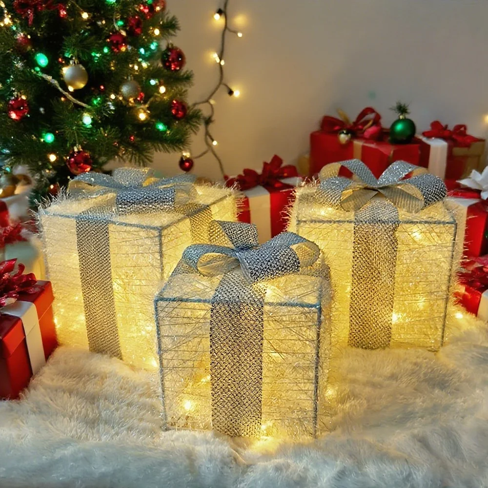 

Новинка 2025 года, 3 шт., светящаяся рождественская подарочная коробка, подходит для рождественских праздничных украшений, 3 батарейки типа АА (не входит в комплект)