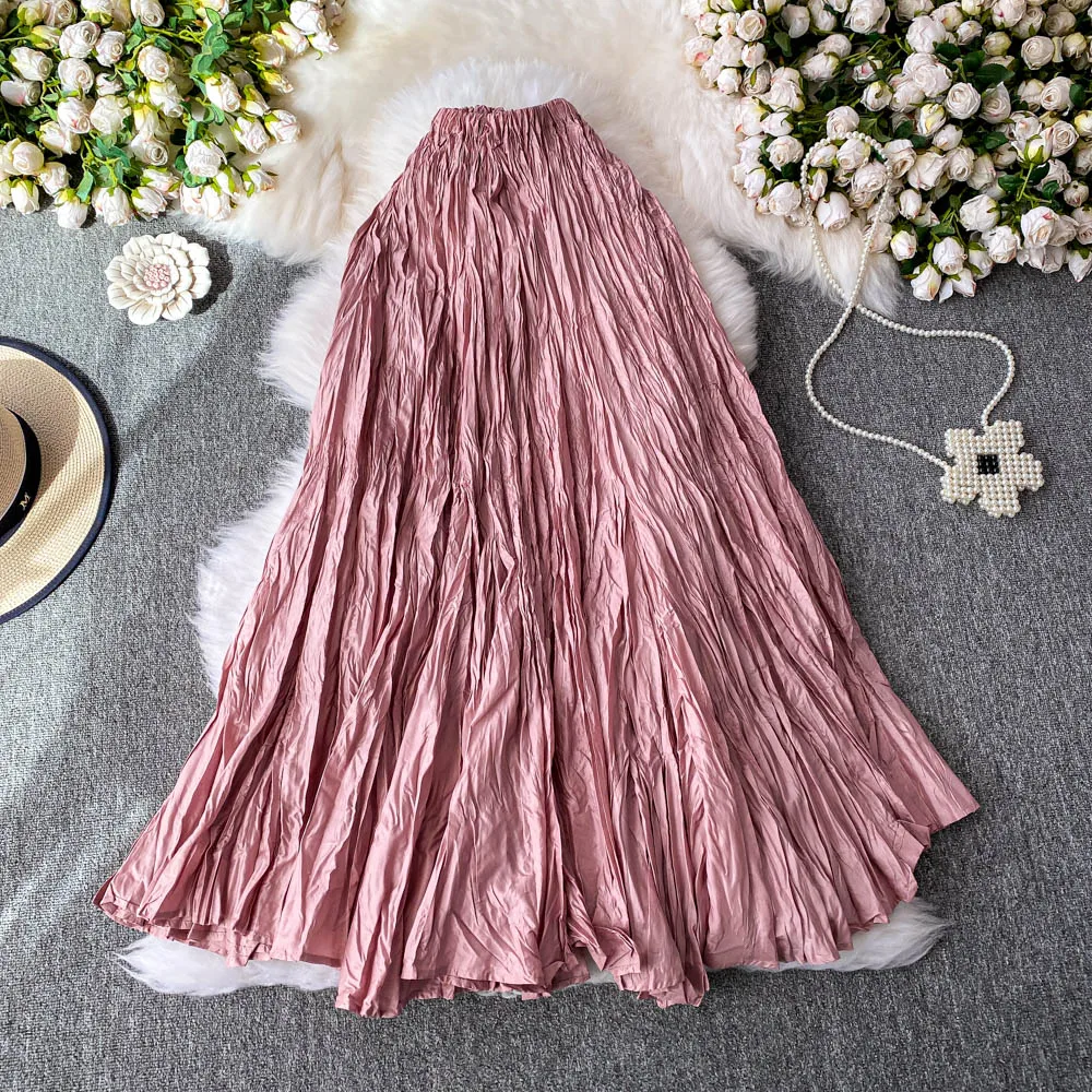High Waist Asymmetrical Pleated Women's Midi Skirt Summer 2025 Faionable Slimming A-Line Long Skirt Korean Sle