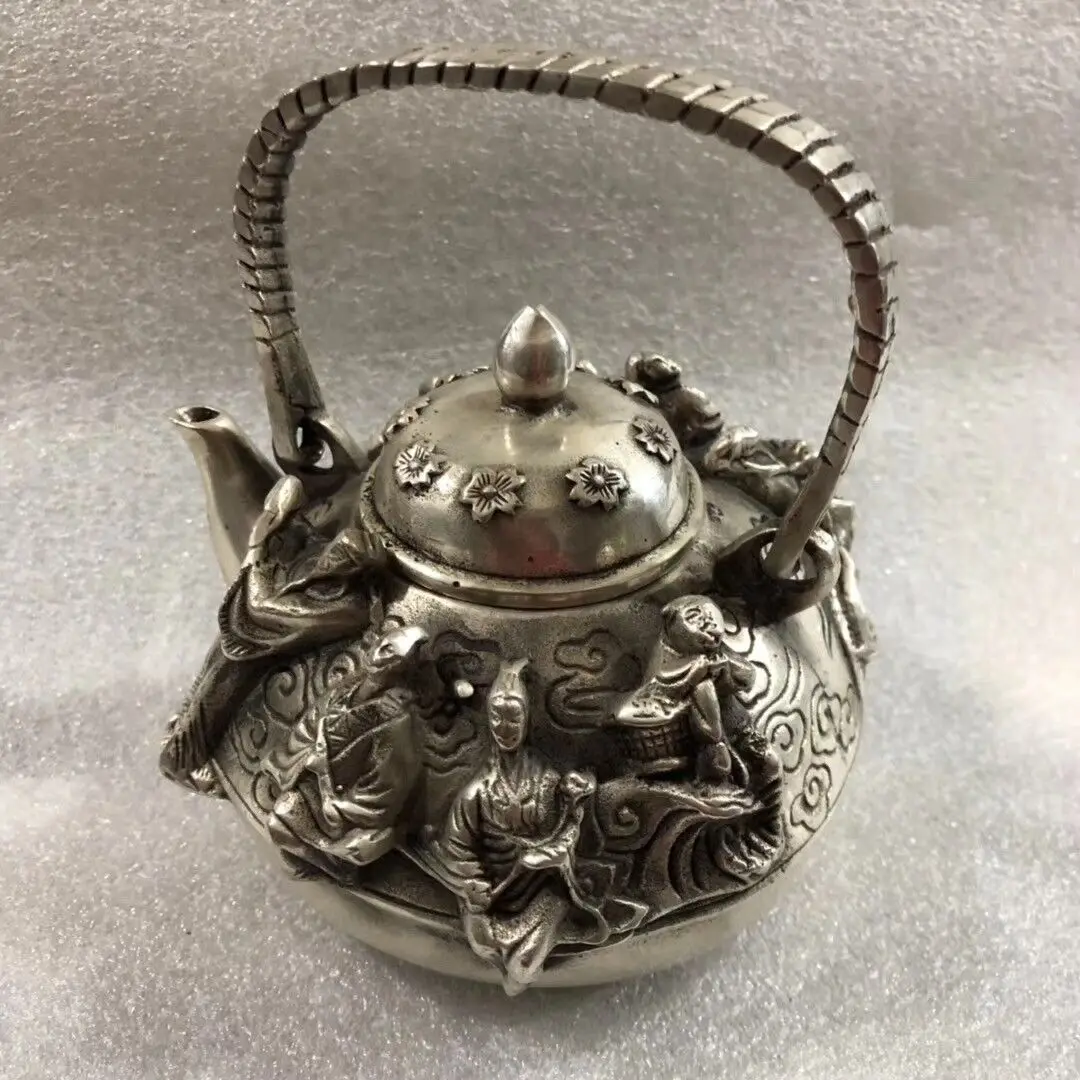 

5.2"China Tibet Tibetan silver Hand carved the Eight Immortals Flower teapot