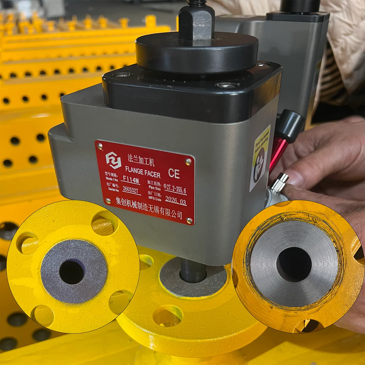 2026 FI14M Portable Manual Gear Flange Facing Machine 27.2-355.6mm Working Range Serration Smooth Finish Chamfering On-site