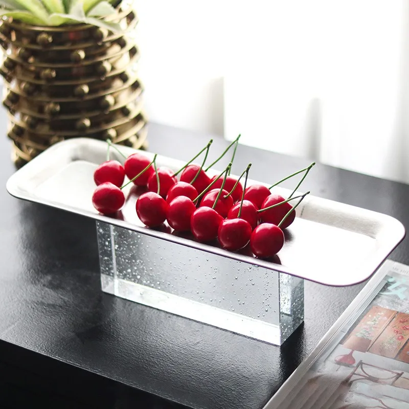 Metal Nordic Rectangle Fruit Plate Artistic Luxury Simple Hotel Desktop Fruit Plates Crystal Clear Bubble Base Modern Home Decor