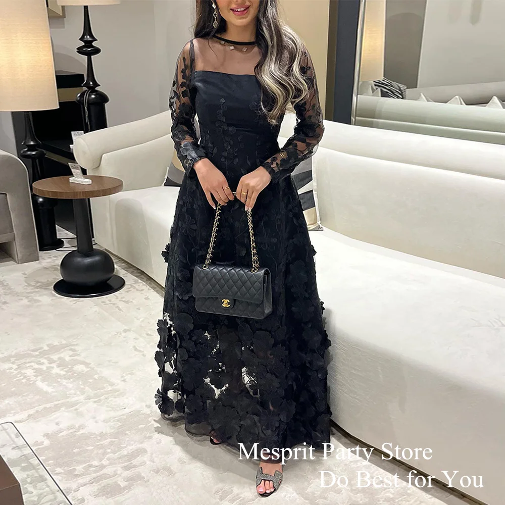 Popular Black Prom Dress Saudi Evening Dresses 2024 Scoop Neck Long Sleeves Flower Lace A Line Ankle Length Party Gown Weddings