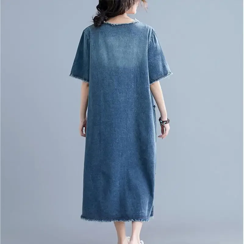 Summer Dresses For Women Elegant Fashion Short Sleeve Burr O-Neck Loose Denim Dress Female Casual Pockets Large Size Long Dress