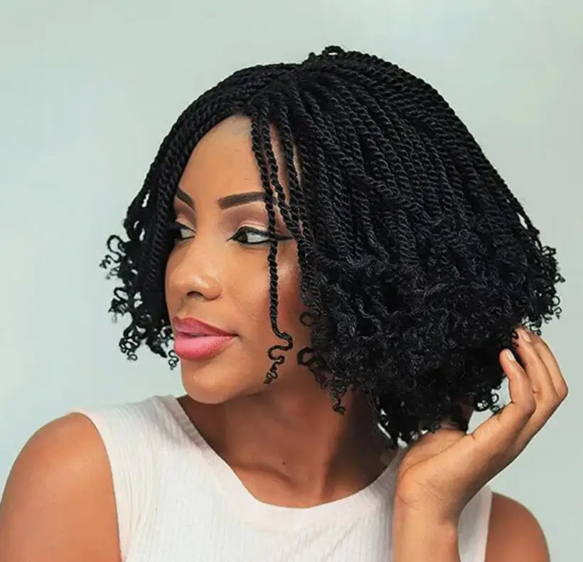 Short  Braided Wigs with Curly End Crochet Senegal Twist Braided Wigs Black