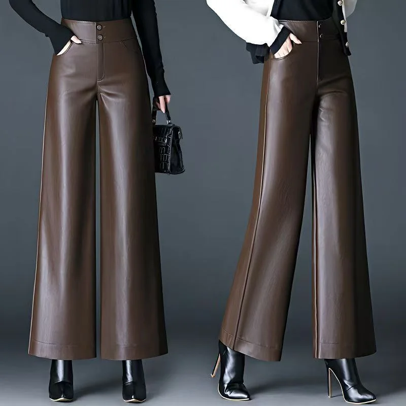 Women's High Waist Loose PU Leather Pants Autumn Winter Windproof Waterproof Straight Leg Pants Casual Fashion Ladies Trousers