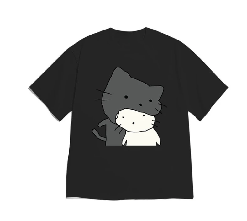Cute Hand Drawn Cartoon Kitten Graphic T‑Shirt Couple Outfit Kawaii Print Short Sleeve Crew Neck Casual Y2k Tops Free Shipping