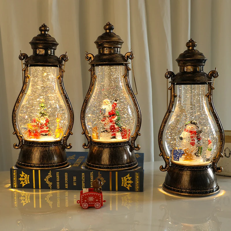 Christmas pony lantern with concert rotating light and snow floating decoration of portable water injection oil lamp