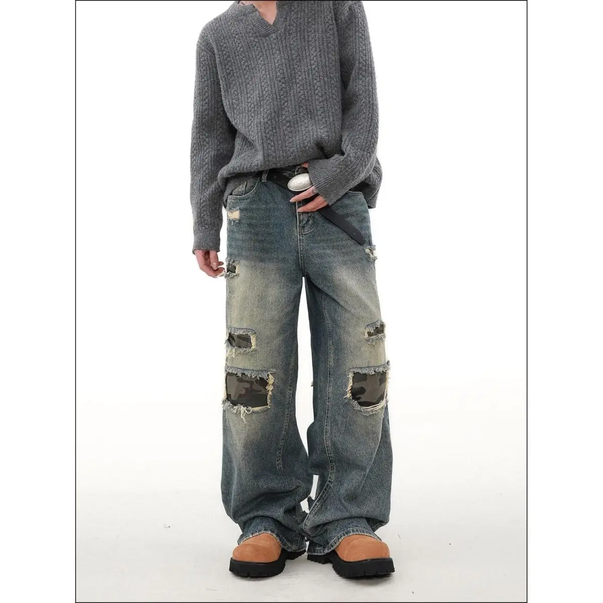 Men's Camo Patch Casual Blue Jeans High Waisted Pants Street Young Boy Bottoms Male Wide Leg Straight Vintage Trousers
