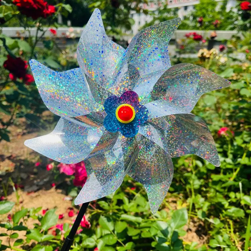 2pcs Reflective Sequin Bird Repeller Hand-held Windmill Double Section Pole Multicolors Bird Repellent Anti Birds Windmill 24cm