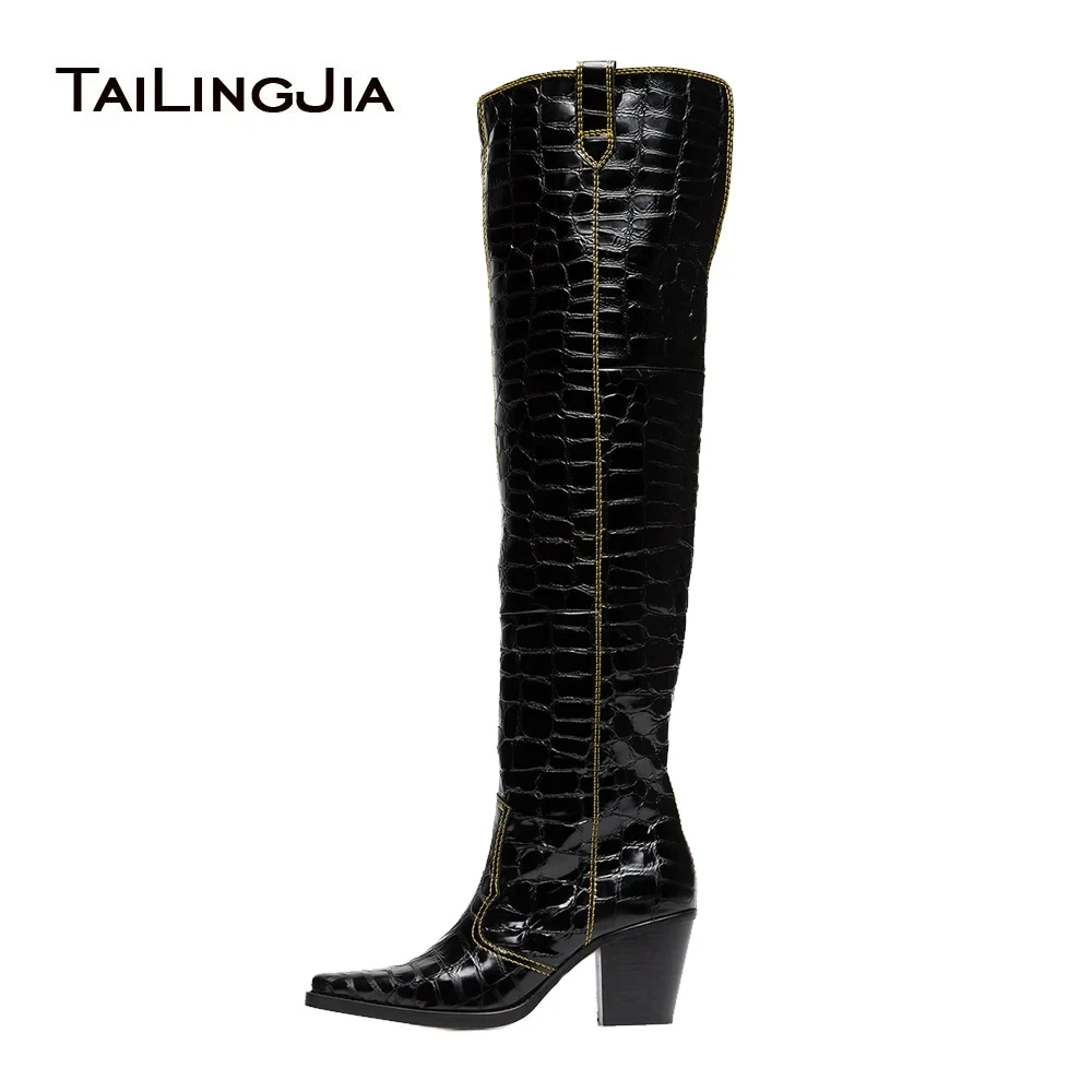 

The New Women's Square Toe Over The Knee Black Patent Crocodile Thigh High Boots With Heel Mid Heel Wellington Boots