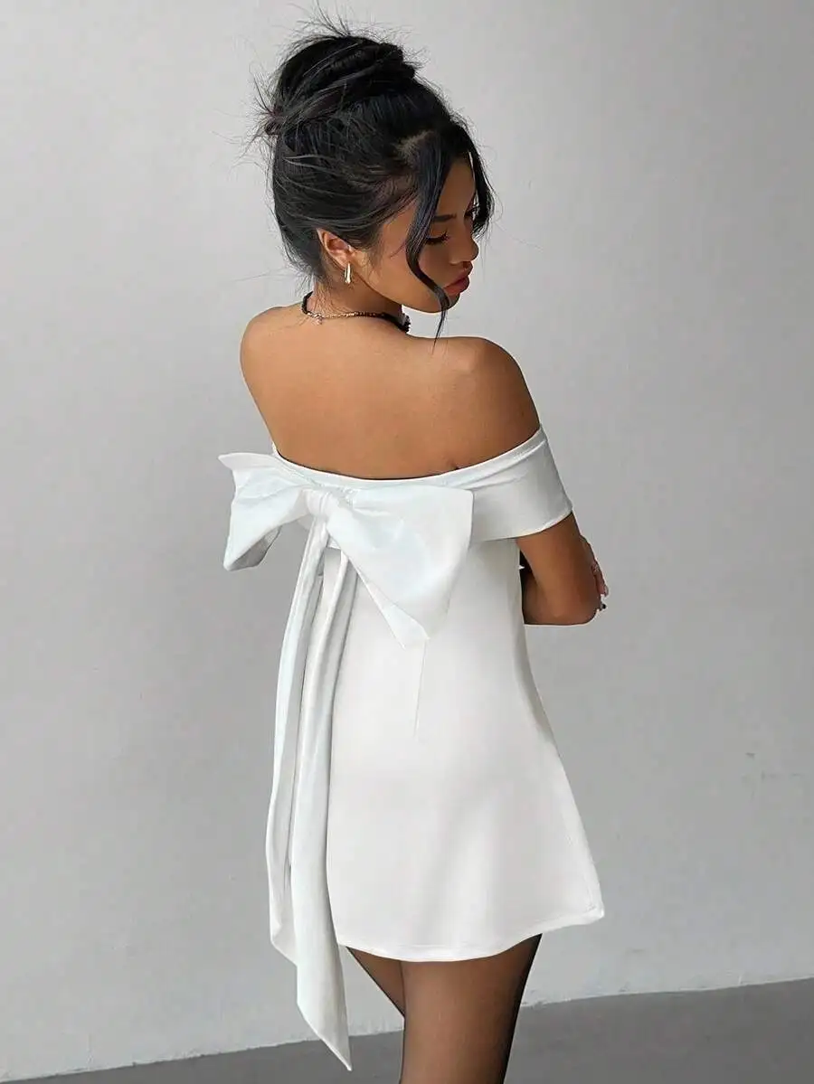 

Off Shoulder Bow Knot Mini Dress White Elegant Party Dress
