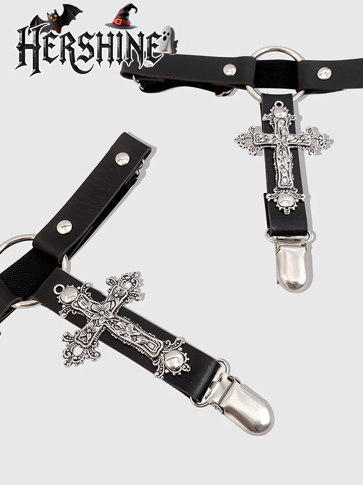 เลกกิ้งกางเกงข้ามรูปทรงกลวงสีดำของผู้หญิง 2 ชิ้น ถุงเท้าแขวน Y2K สไตล์พังก์เข้มแบบกอธิคฮาโลวีนแฟชั่นอุปกรณ์เสริม