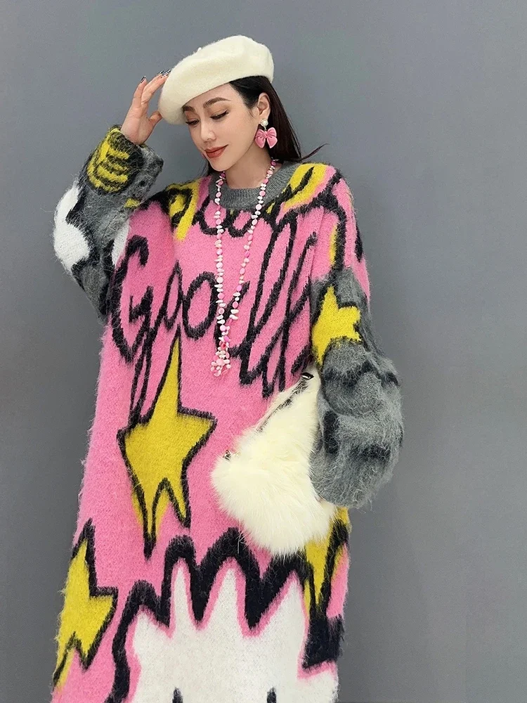 Korean Style Temperament Contrasting Colors Thickened Plush Cartoon Knitted Sweater 2024 Autumn New Oversized Long Dress Women