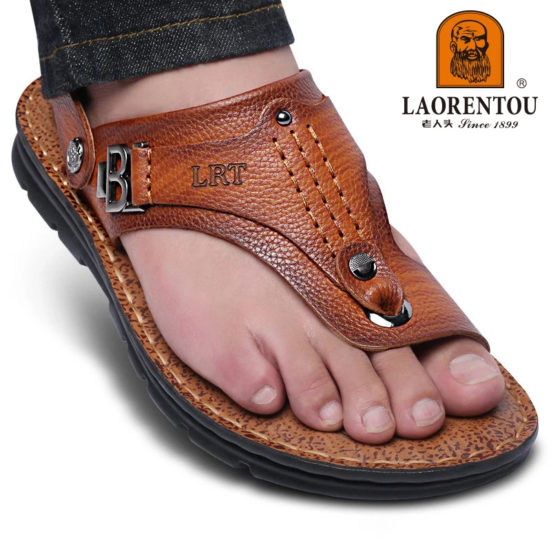 LAORENTOU genuine leather sandals for men's outdoor leisure, flip flops with soft soles and anti slip external wearing sandals