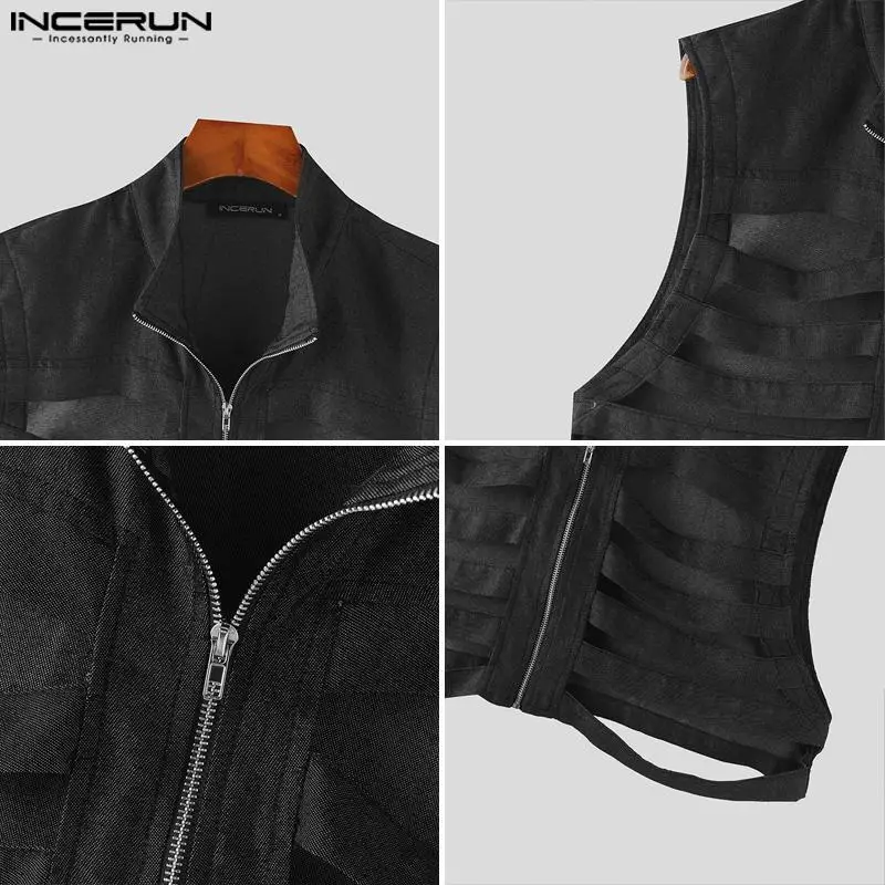 INCERUN Tops 2024 American Style Fashion Men Hollow Zipper Design Vests Male Personality Cropped Burn-out Sleeveless Vests S-5XL