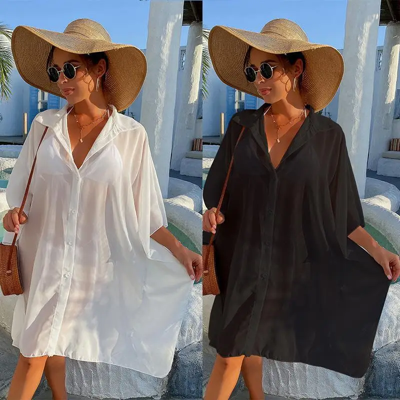 

Black White See Through Loose Single Breasted Bikini Cover Up Women Summer Beach Dress Oversize Tunics Beachwear Robe De Plage