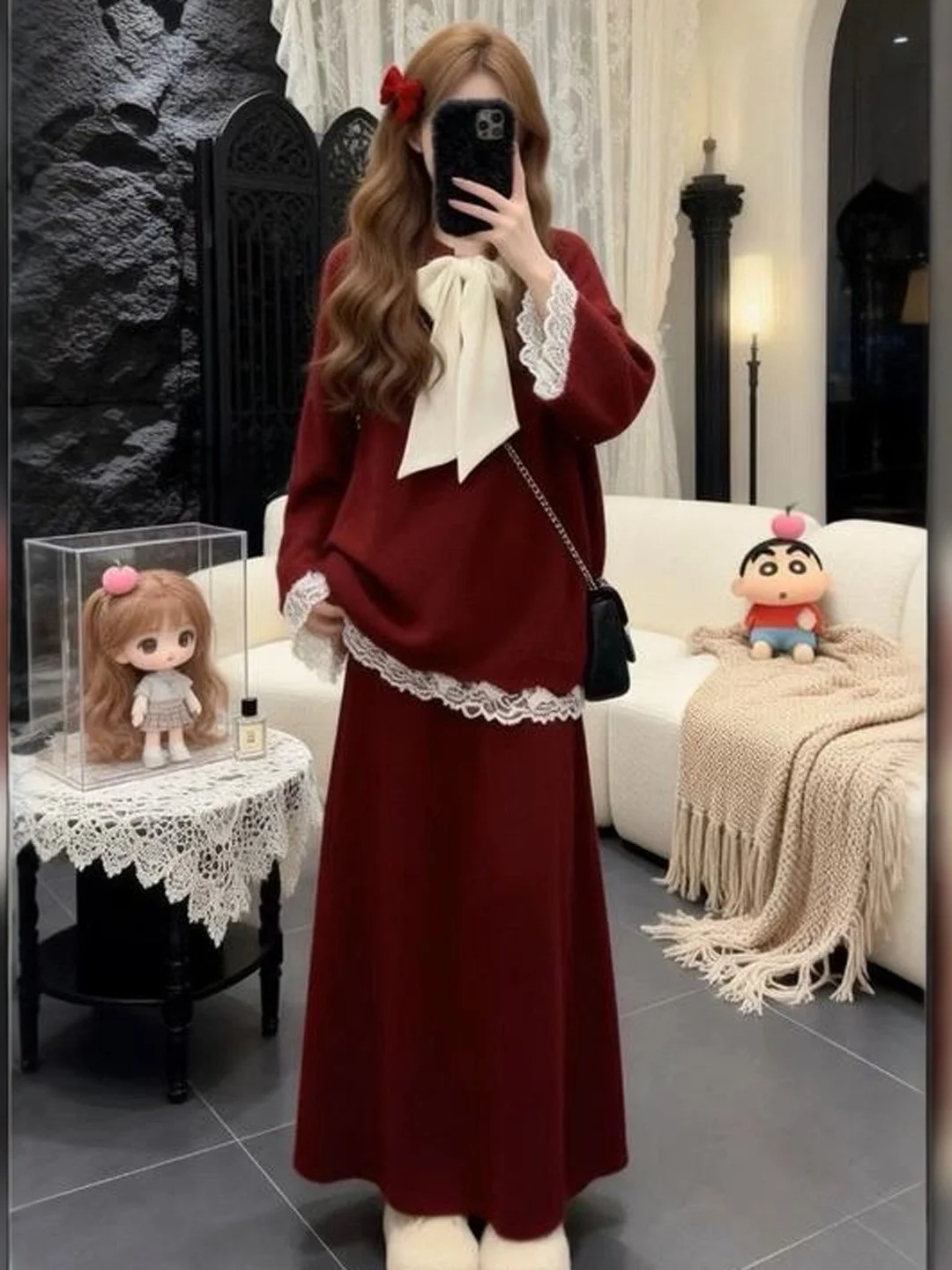 

Red Sweater And Skirt Set Gentle Sle Unique And Beautiful Spring Faion Women's Comfortable Long Sve round Ne Kn...