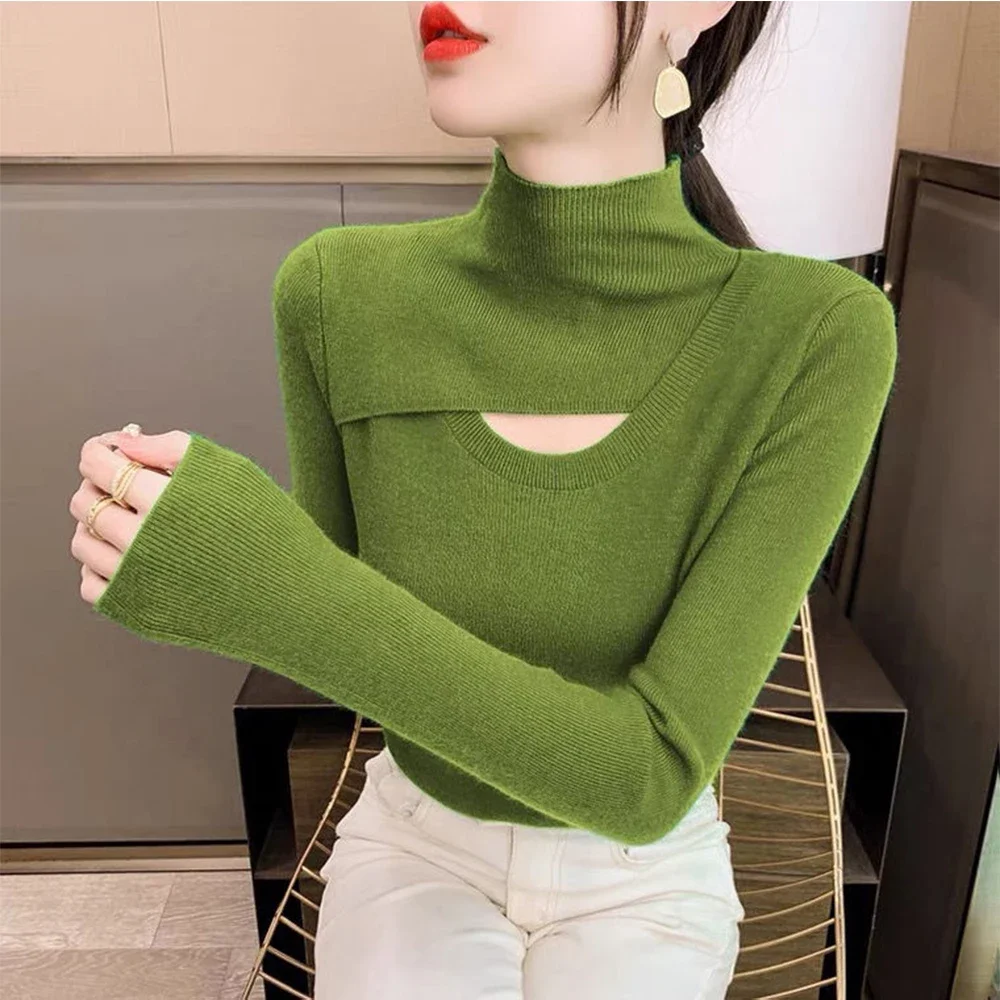 Women's High Neck Sweater S-XL Green Hollow Solid Basic Knitted Casual Slim Fit Pullover Korean Version Fashion Simple Unique