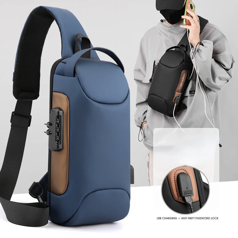 Shoulder Sling Bag Multifunction Short Travel Messenger Chest Pack For Male Men's Waterproof USB Oxford Crossbody Bag