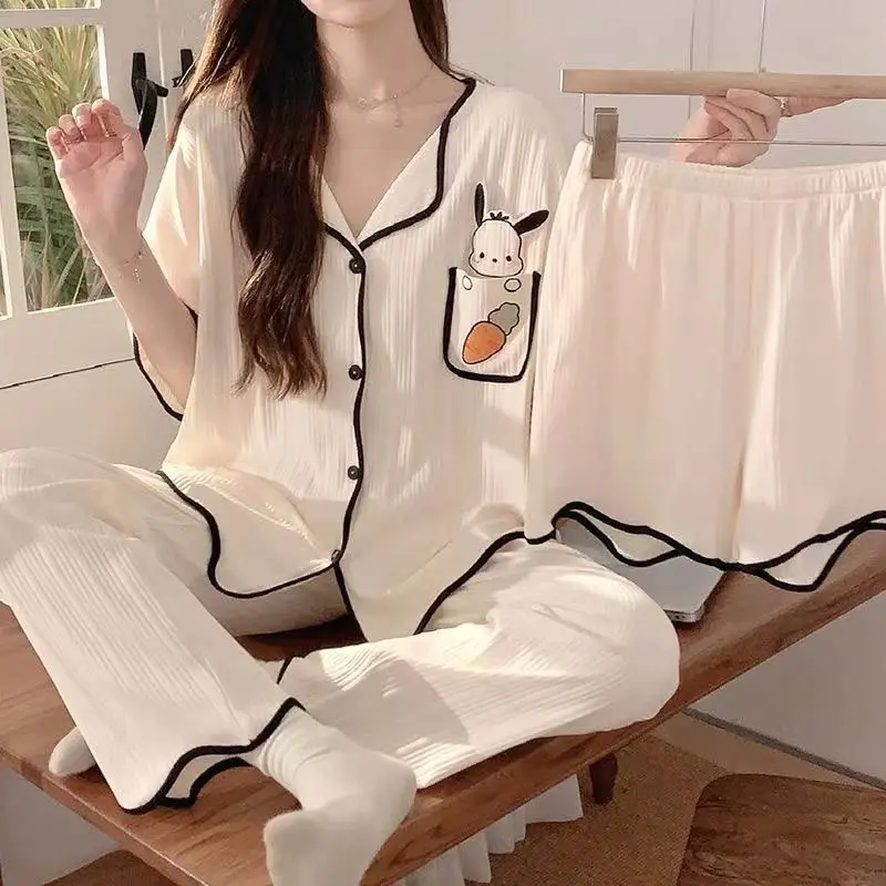 

Sanrio Pochacco Pajamas Three Piece Set Summer Sleepwear Pant Shorts Short Sleeve Negligee Ladies Pyjamas Student Home Suit New