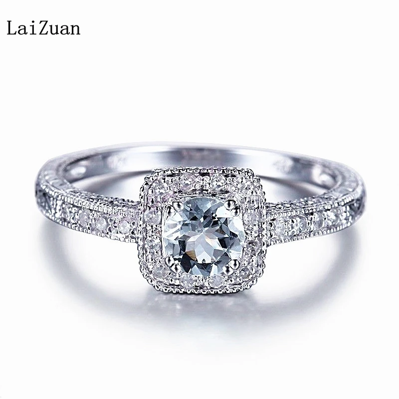 LaiZuan Genuine Round 4.5mm Aquamarine Ring Solid 18k White Gold Real Diamond Wedding Ring For Women Fine Jewelry Best Gift