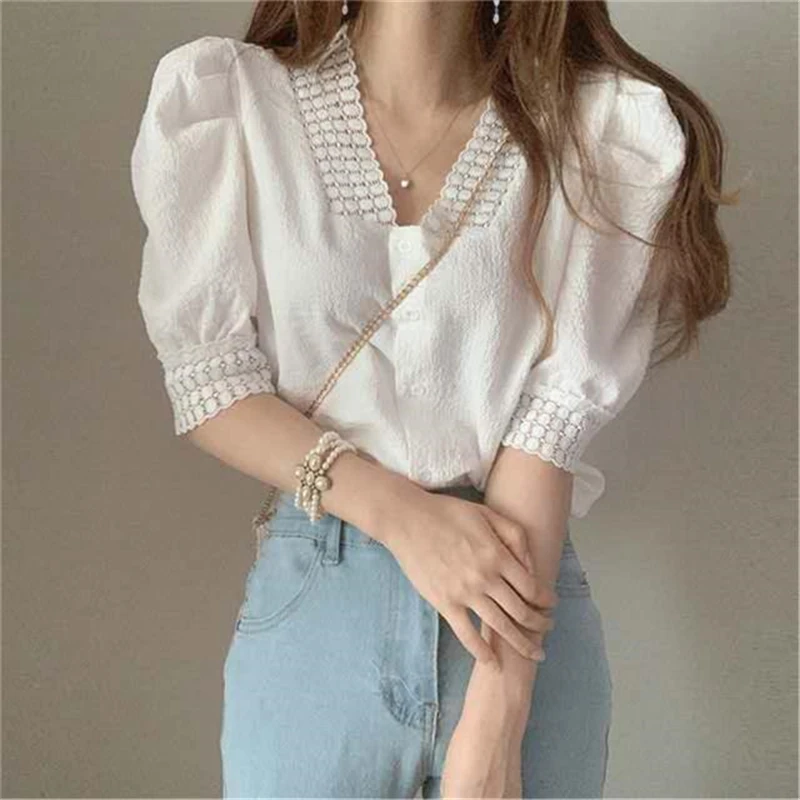 Women Korean Fashion Lace Patchwork Shirts Vintage Elegant Chic V Neck Puff Short Sleeve Blouses Summer Casual Sweet Solid Tops