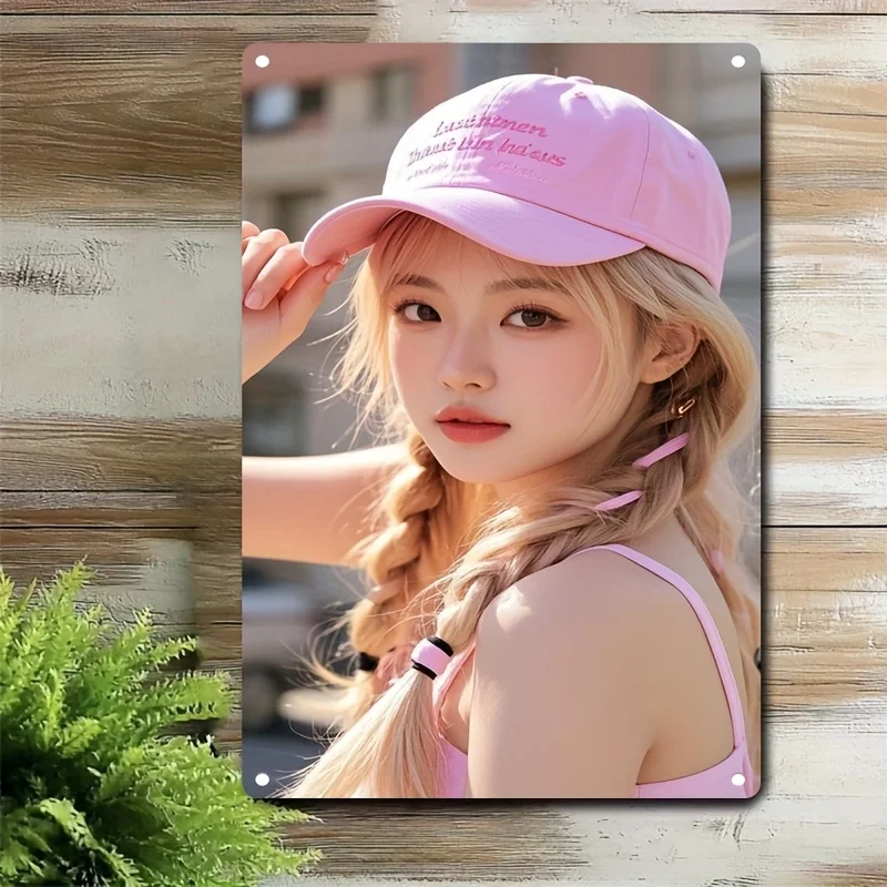 

Korean-Style Metal Sign Plate - Pink Hair Braids & Korean Text Artwork, Cute K-Drama Inspired Iron Poster For Home, Cafe, Bar, C