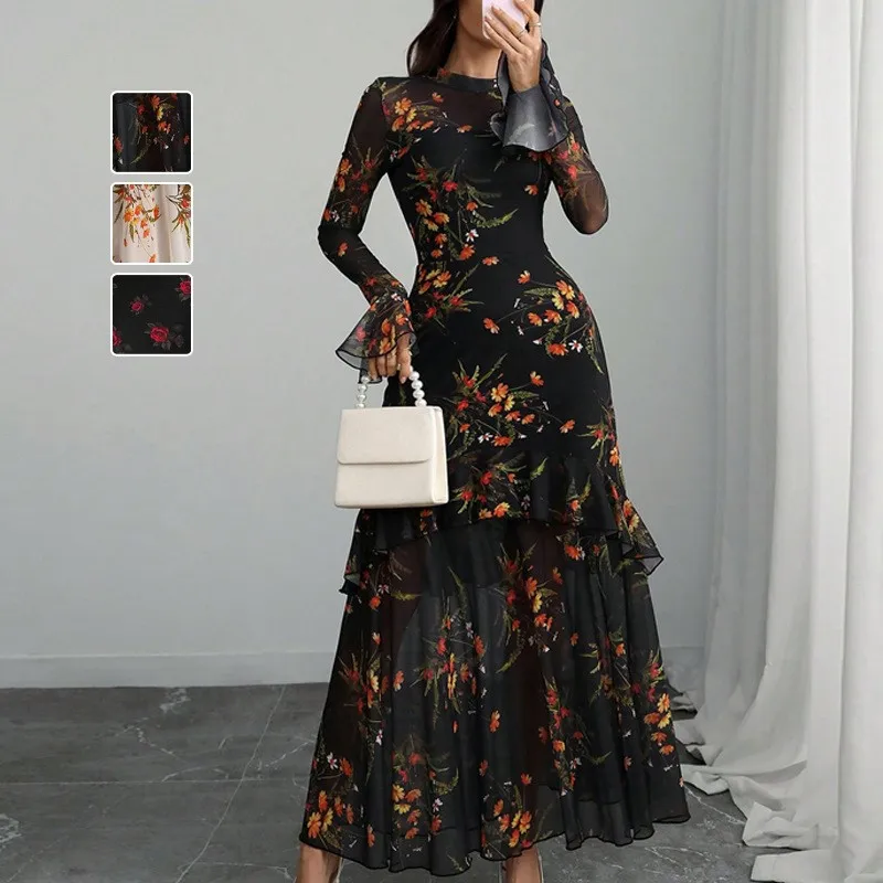 Spring Autumn Casual Vacation Women Long Skirt Fashion Printed Sexy Mesh Ruffled Splicing Slightly Translucent Long Sleeve Dress