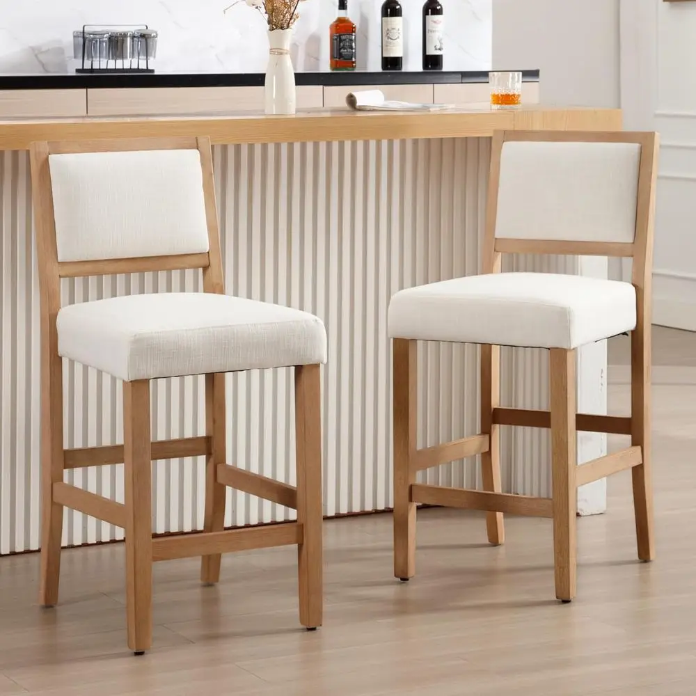 

Set of 2 Linen-Covered 26 Counter Height Bar Stools with Backrest and Natural Wood Legs for Kitchen Island/Home Pub