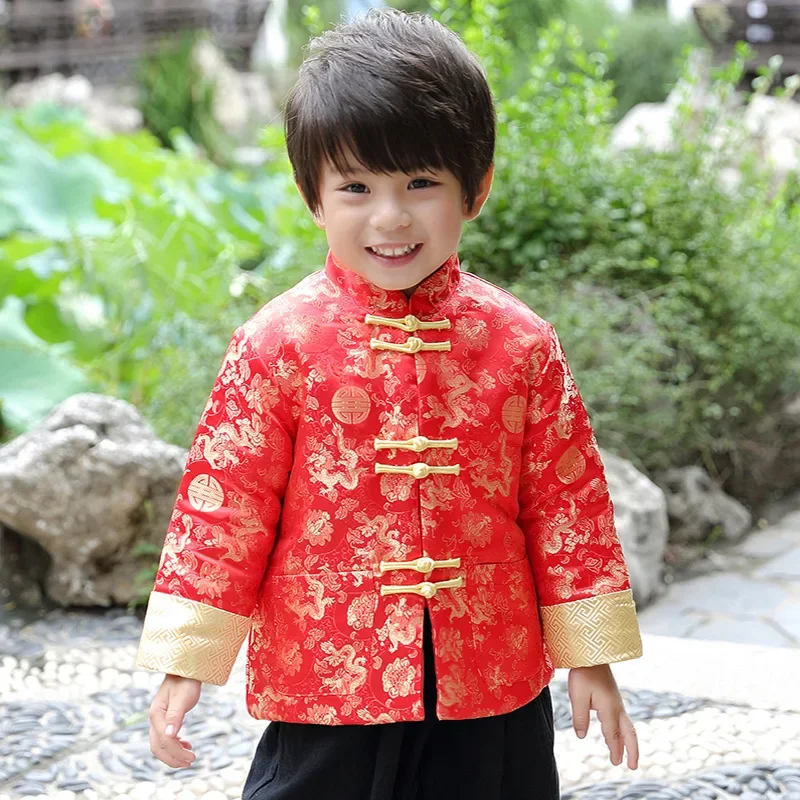 Chinese Traditional Clothing for Kids New Year Baby Boy Festival Retro Fancy Golden Dragon Tang Suit Printed Satin Top Pants Set