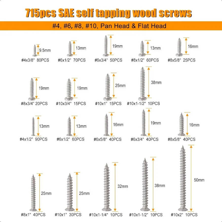 2002 peças kit de sortimento de porcas e parafusos 304 kit de sortimento de parafusos de aço inoxidável métrico sae phillips pan cabeça e ferragens de cabeça plana